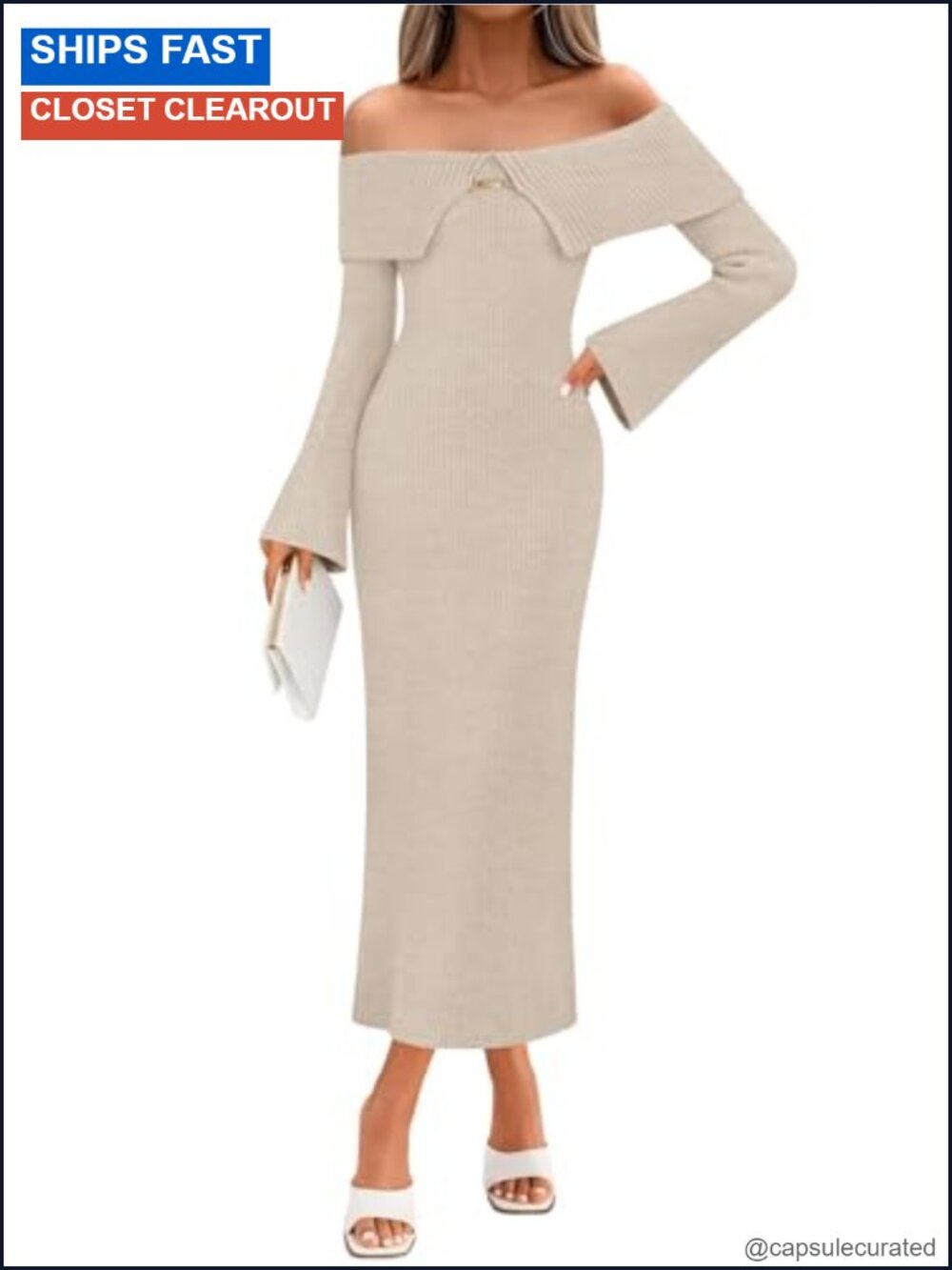Off Shoulder Ribbed Knit Maxi Sweater Dress Long Sleeve Bodycon